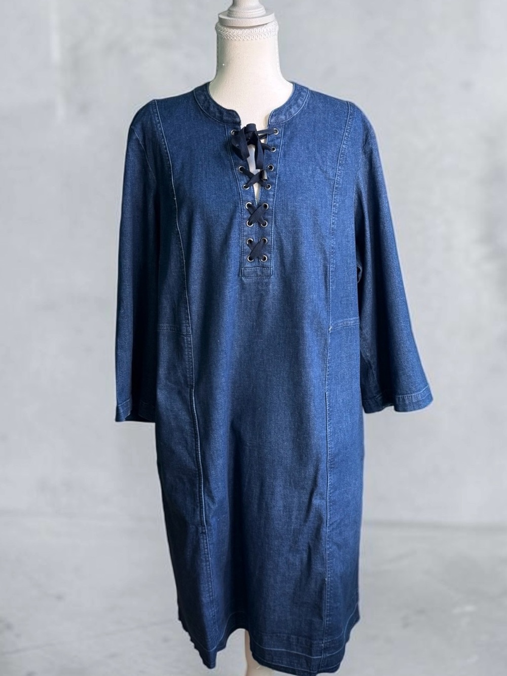 J. Jill Indigo Denim Lace-Up Long Sleeve Raw Hem Dress L, NWT - Picture 2 of 11